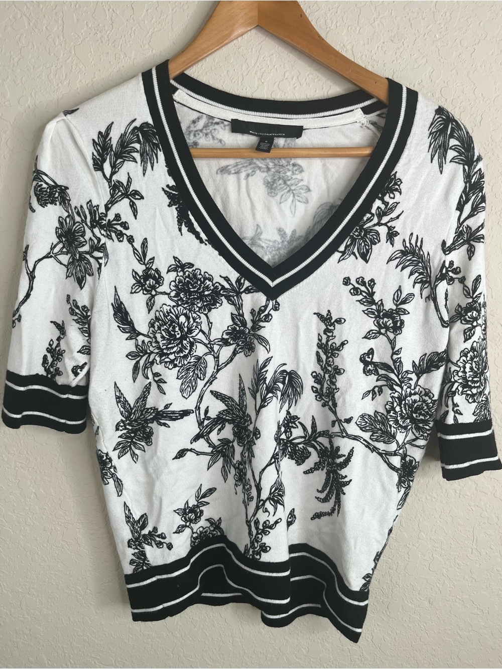 White House Black Market Black and White Floral V-Neck Top